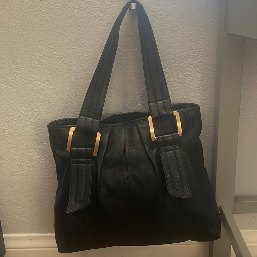 Tahari black pebble leather bag & brass hardware